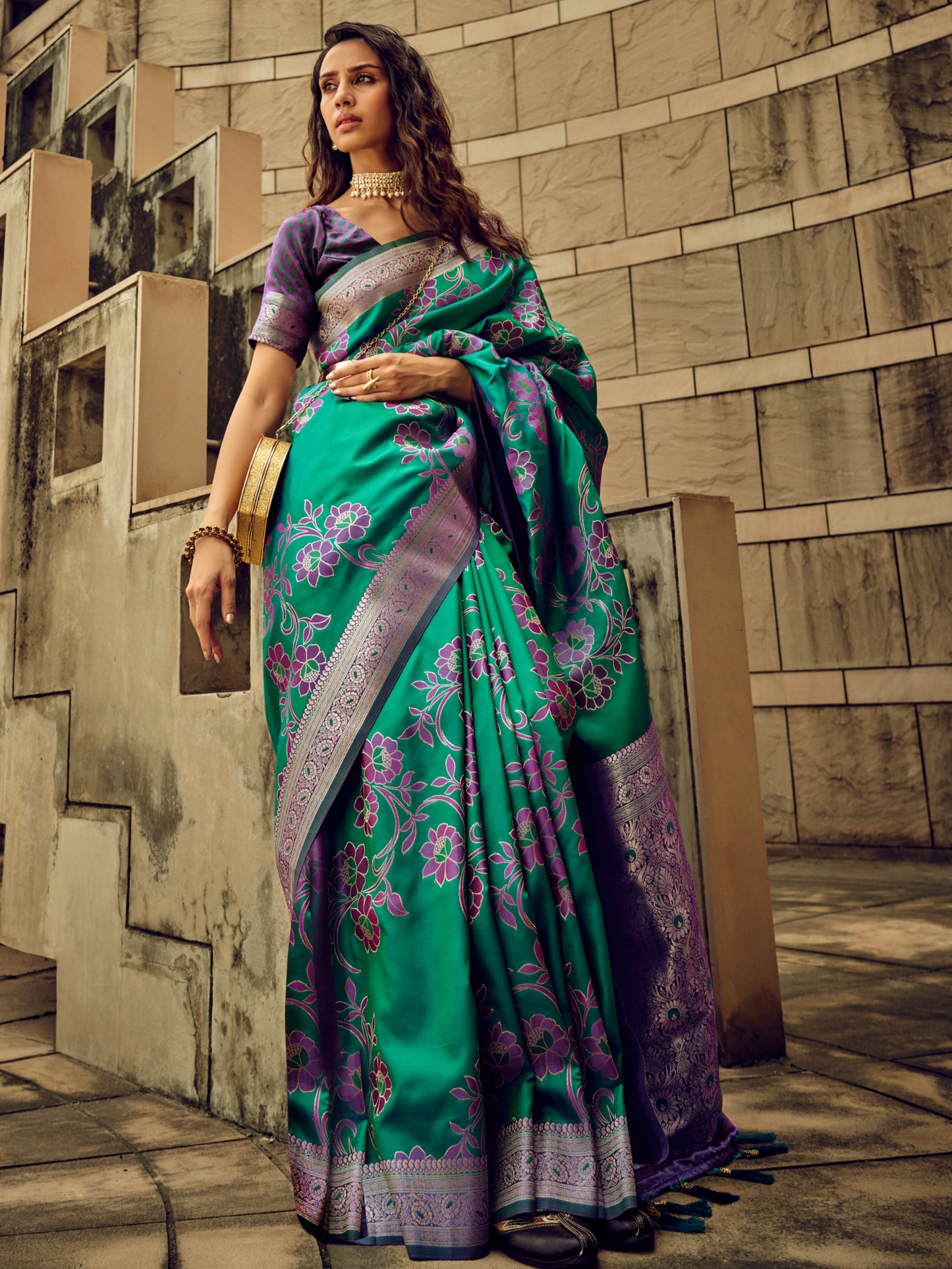 Tropical Green Woven Banarasi Satin Silk Saree