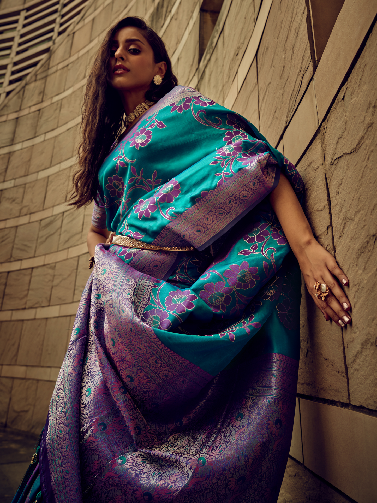 Teal Blue Woven Banarasi Satin Silk Saree