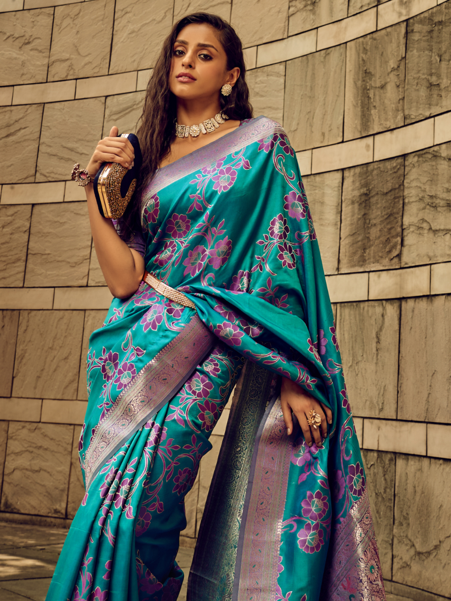 Teal Blue Woven Banarasi Satin Silk Saree