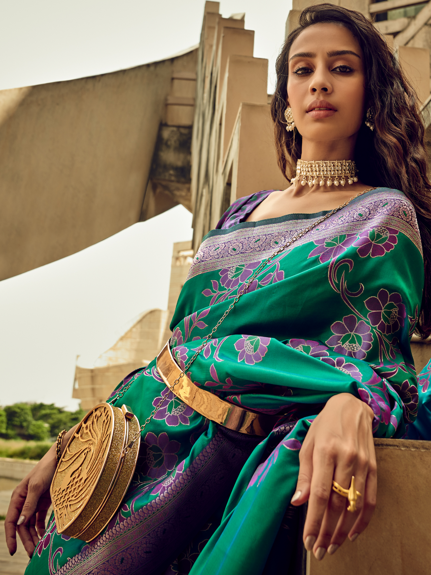 Tropical Green Woven Banarasi Satin Silk Saree
