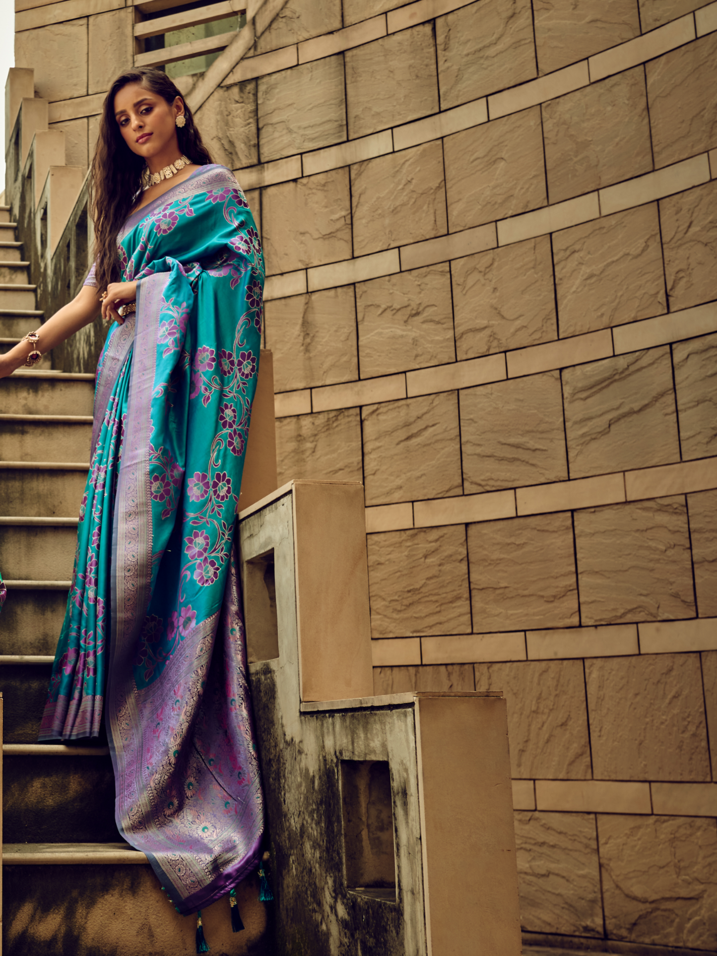 Teal Blue Woven Banarasi Satin Silk Saree