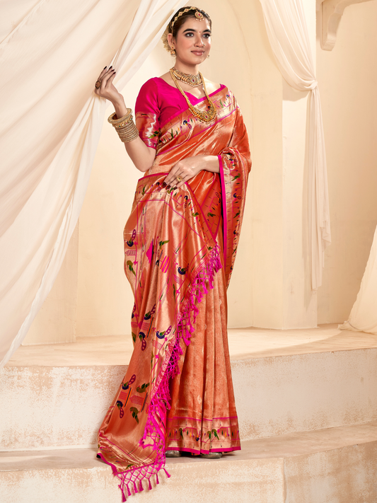 orange paithani saree
