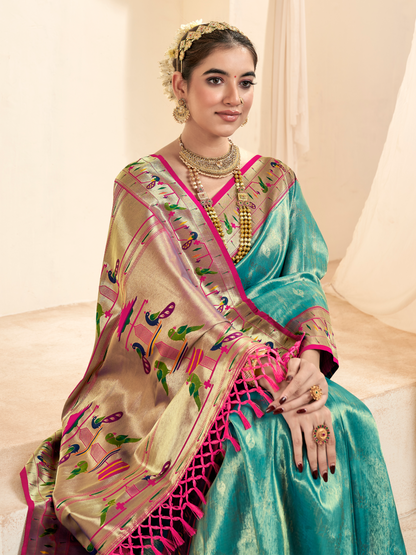 Sea Blue Woven Paithani Tissue Silk Saree