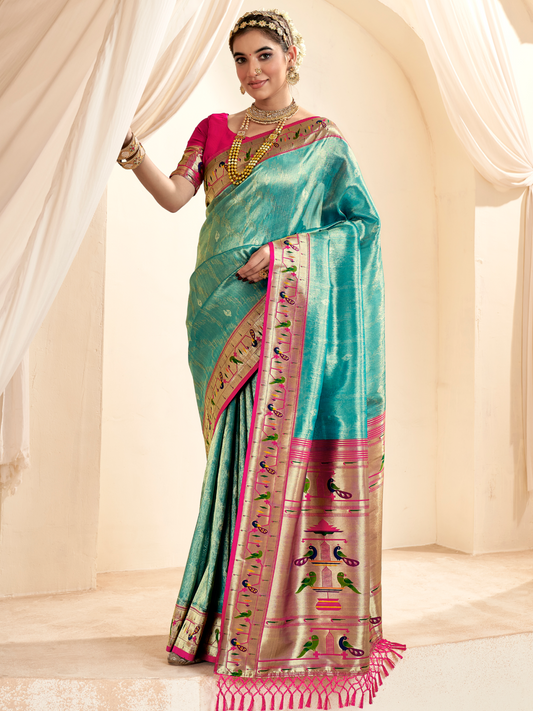 Sea Blue Woven Paithani Tissue Silk Saree