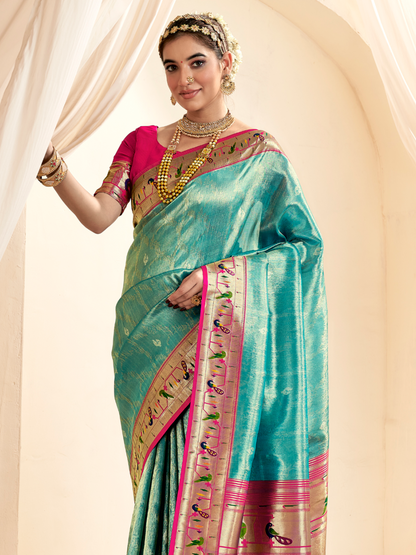 Sea Blue Woven Paithani Tissue Silk Saree
