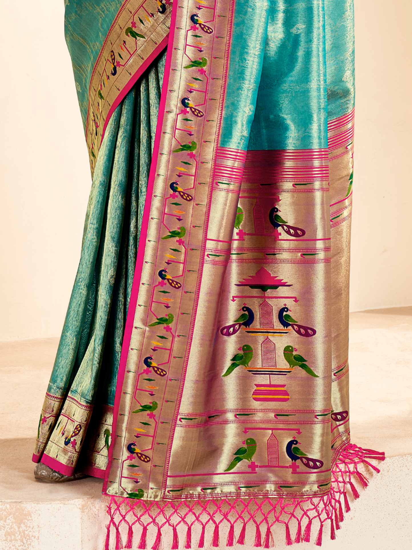 Sea Blue Woven Paithani Tissue Silk Saree