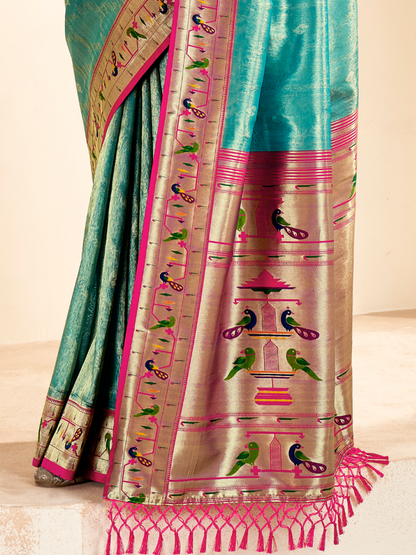 Sea Blue Woven Paithani Tissue Silk Saree