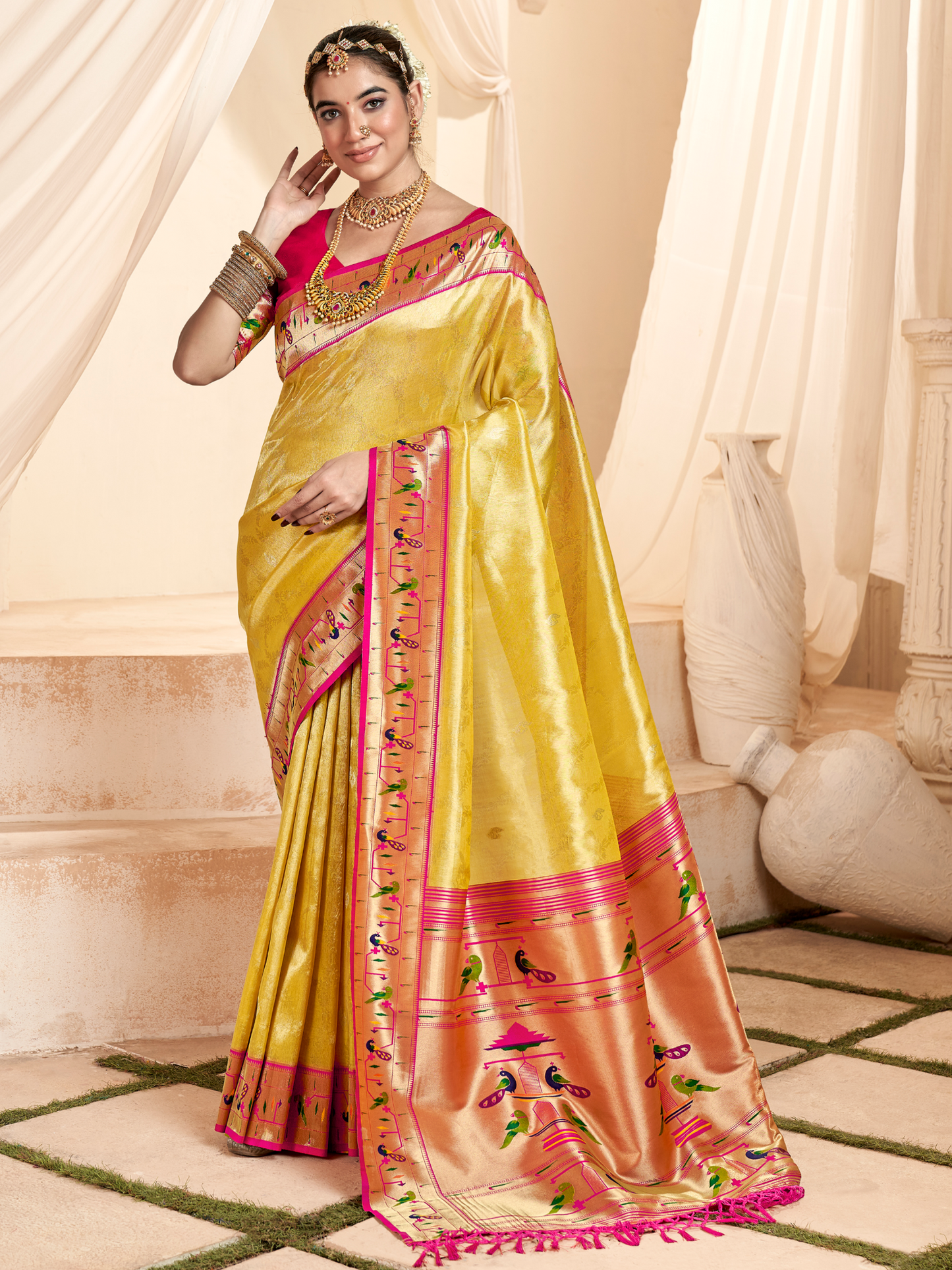 Chrome Yellow Woven Paithani Tissue Silk Saree