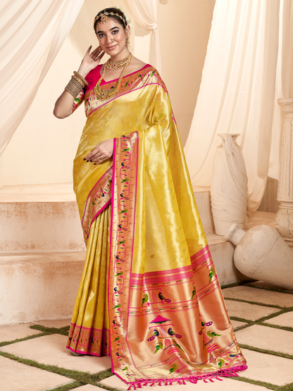 Chrome Yellow Woven Paithani Tissue Silk Saree