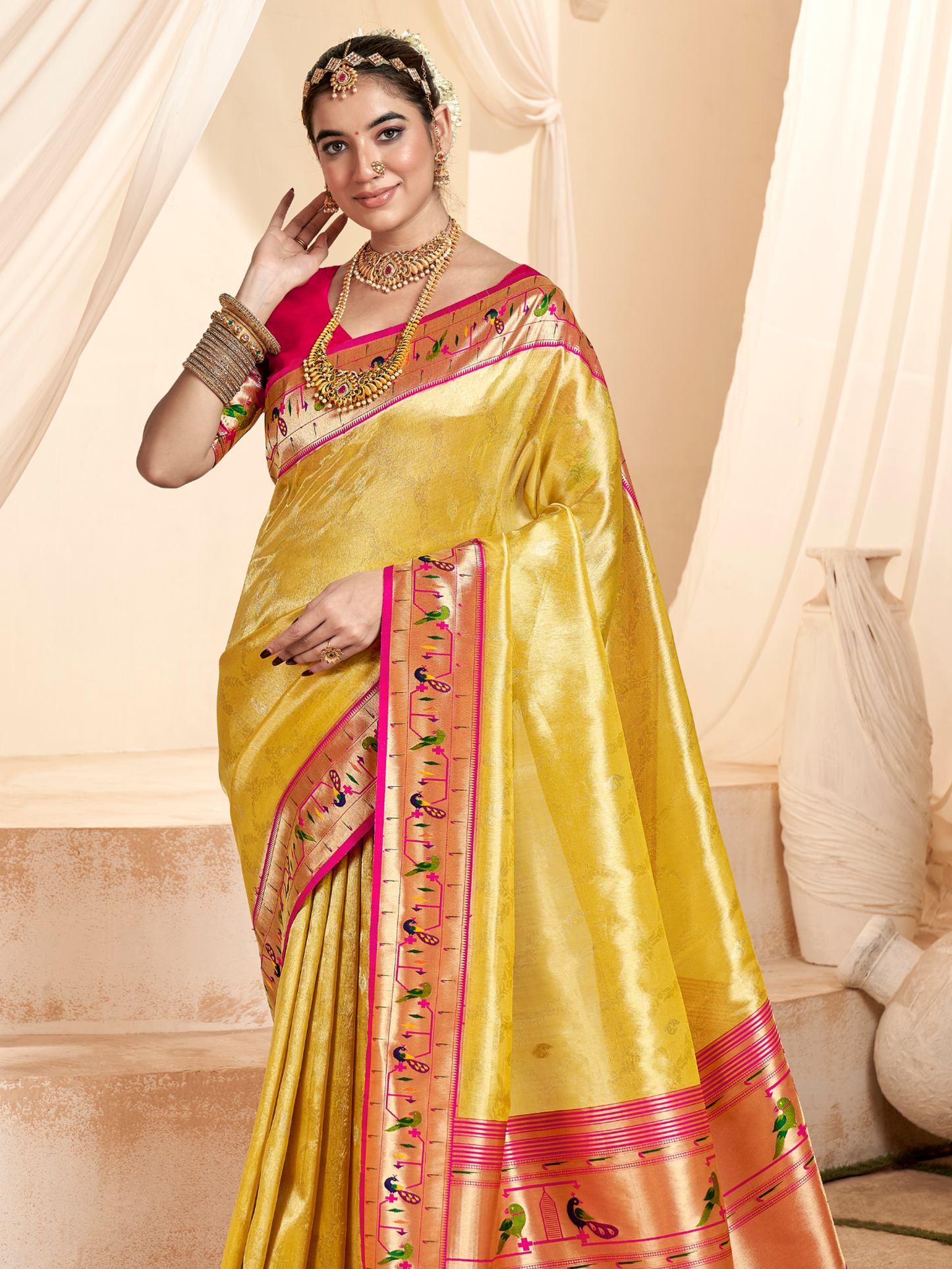 Chrome Yellow Woven Paithani Tissue Silk Saree