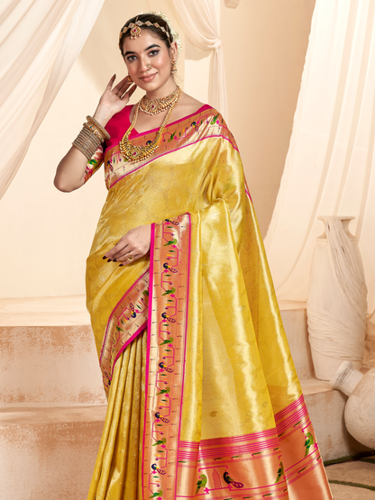 Chrome Yellow Woven Paithani Tissue Silk Saree