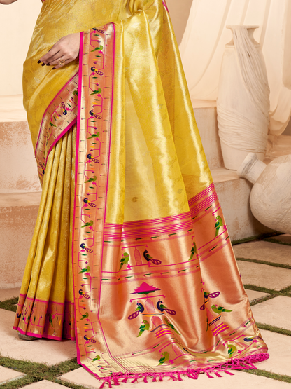 Chrome Yellow Woven Paithani Tissue Silk Saree
