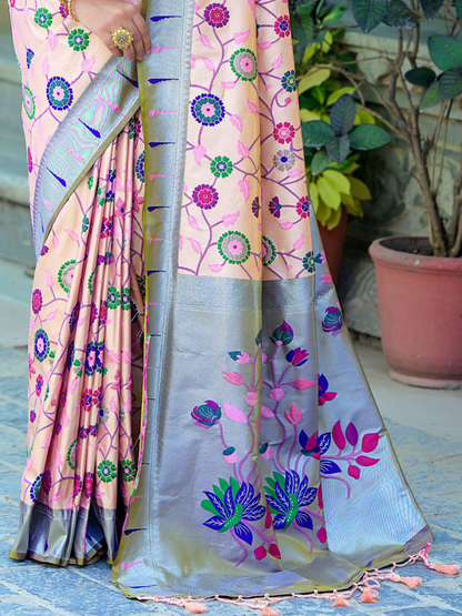 Fresh Peach Woven Jacquard Paithani Silk Saree