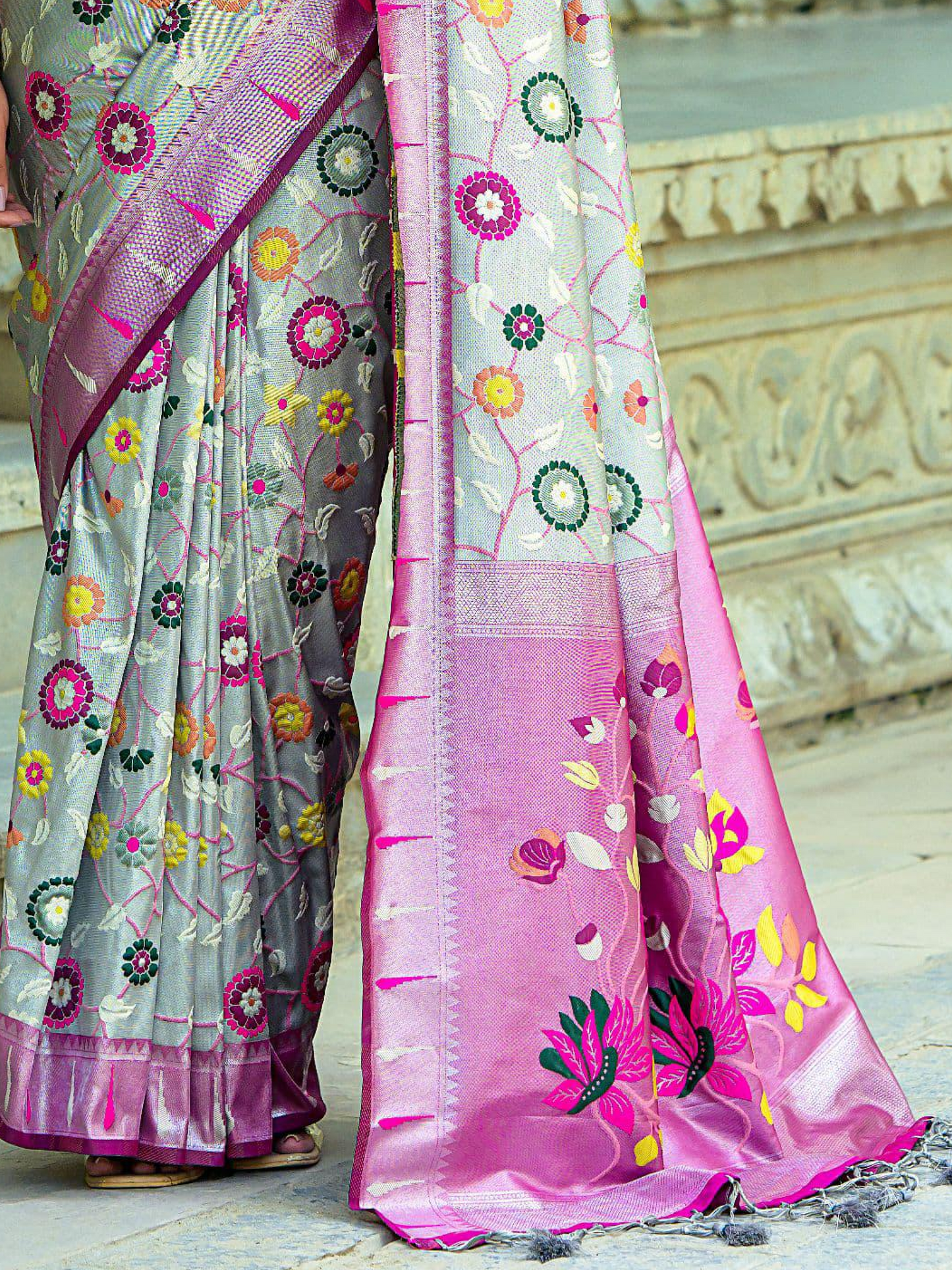 Stone Gray Woven Jacquard Paithani Silk Saree