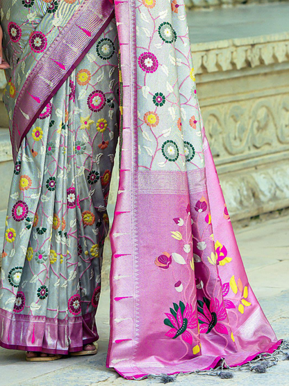 Stone Gray Woven Jacquard Paithani Silk Saree