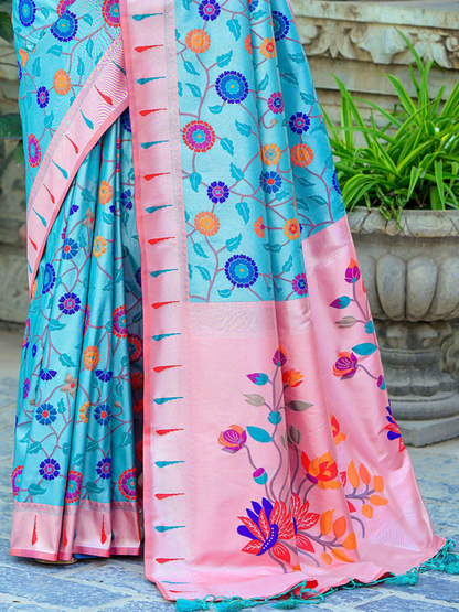 Light Blue Woven Jacquard Paithani Silk Saree