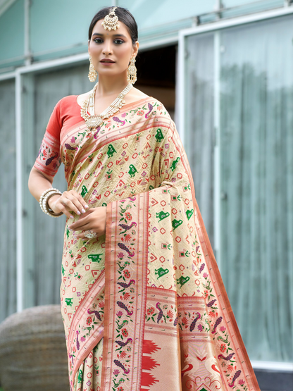 Pearl White Woven Patola Paithani Silk Saree