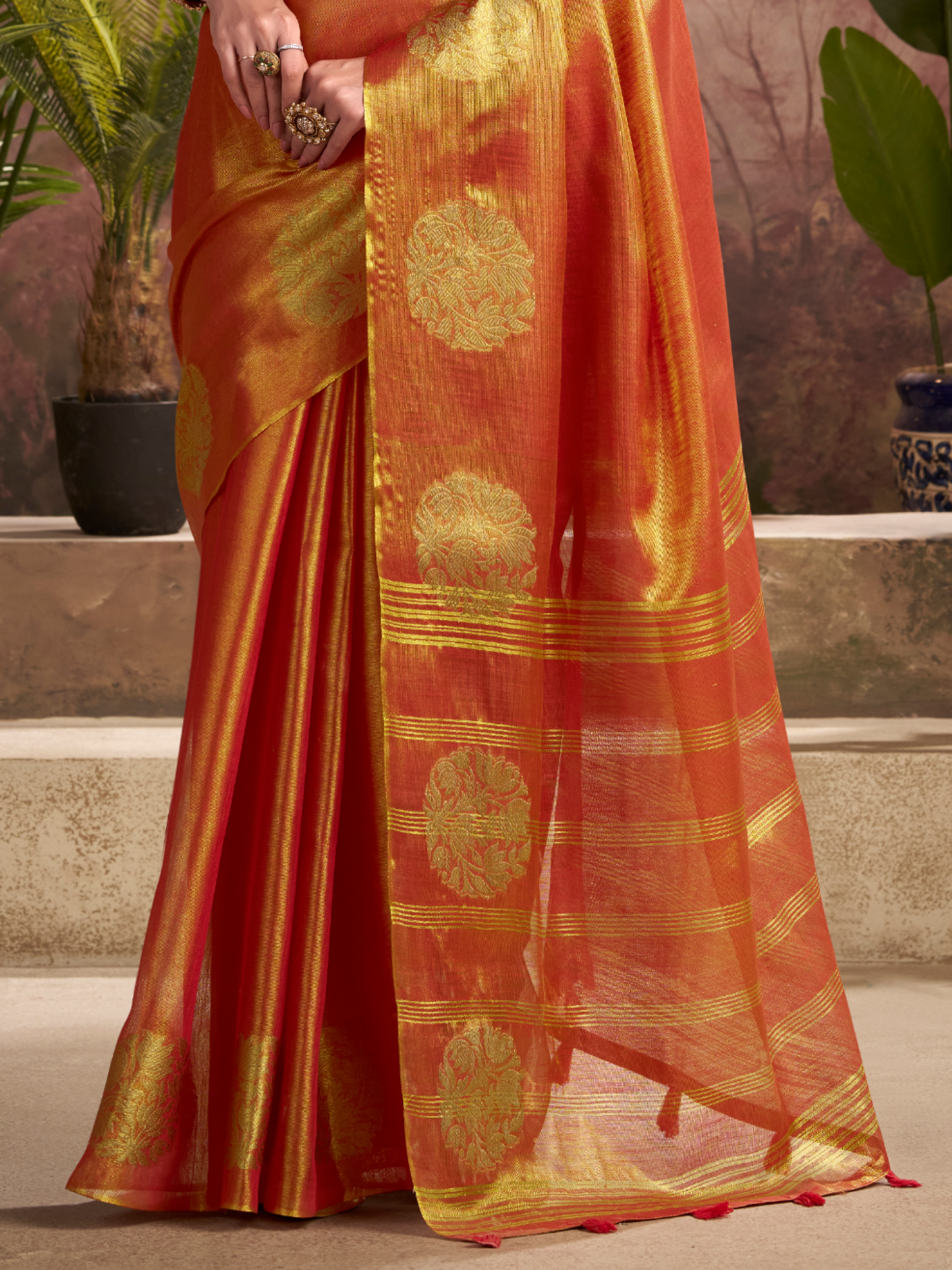 woven orange tissue silk saree