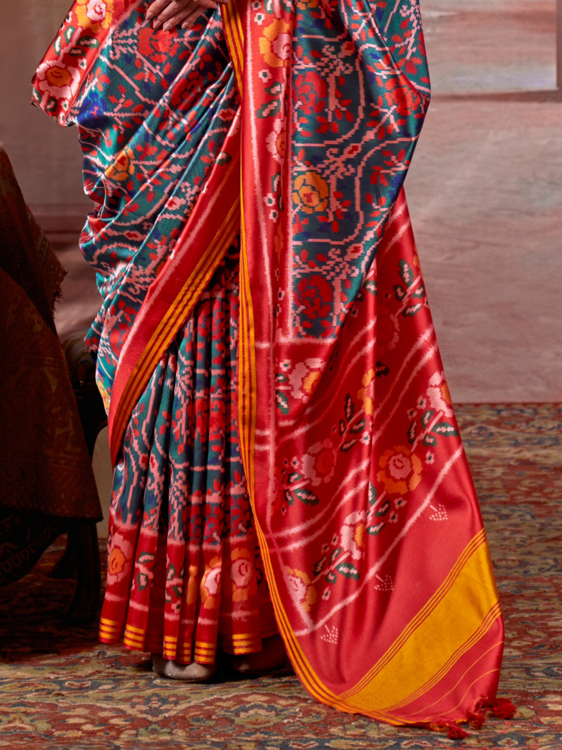 red and blue patola silk saree