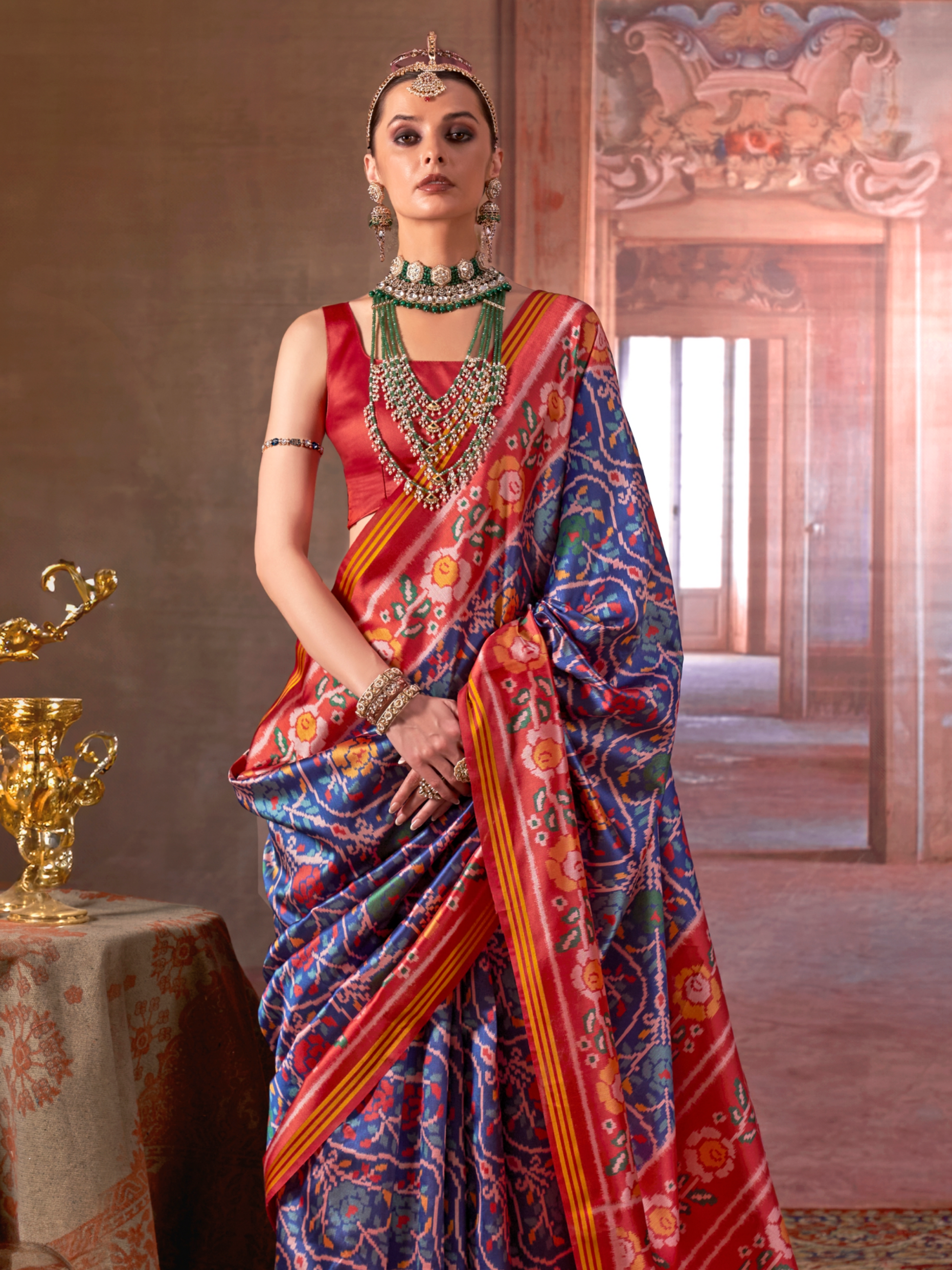 blue with red patola silk at discounted price