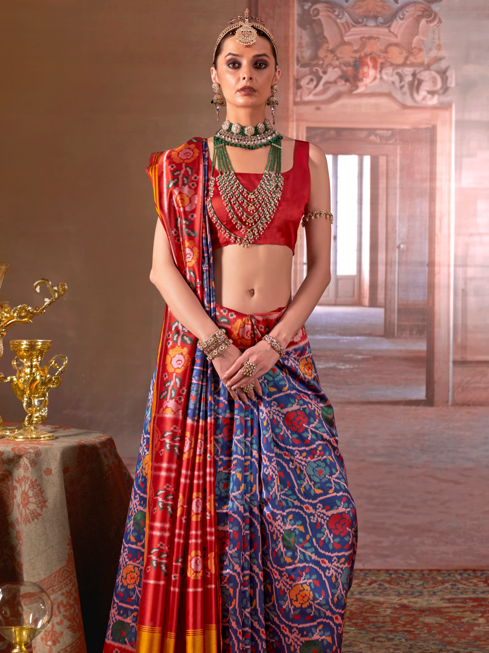 indigo blue with red patola saree online