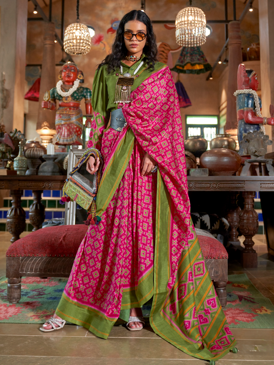 pink with olive patola silk saree online