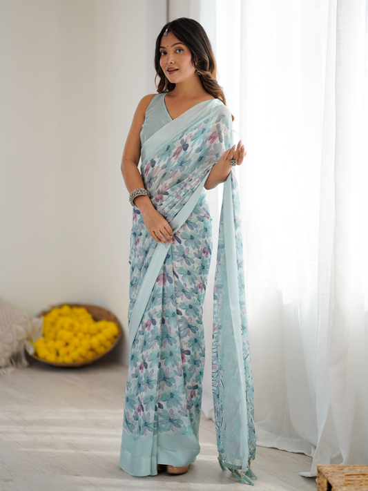 light blue synthetic saree look