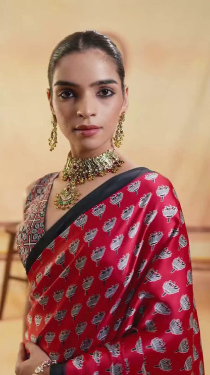 Hibiscus Red Printed Satin Silk Saree