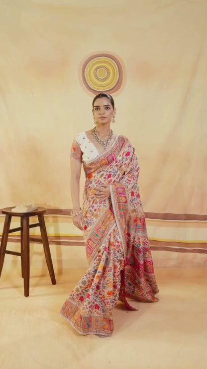 Dove White Woven Kashmiri Cotton Saree
