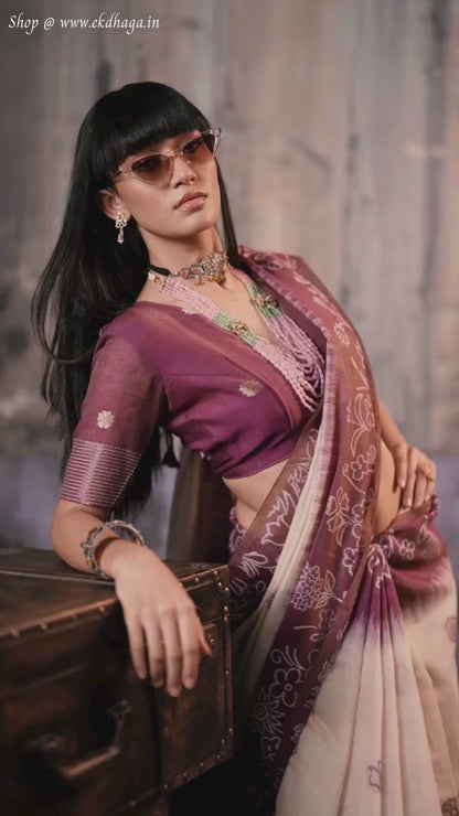 Plum Purple Printed Cotton Silk Saree