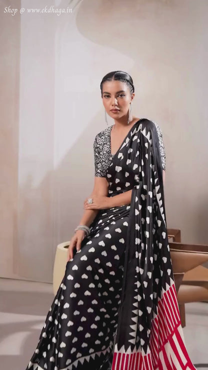 Ink Black Printed Satin Silk Saree
