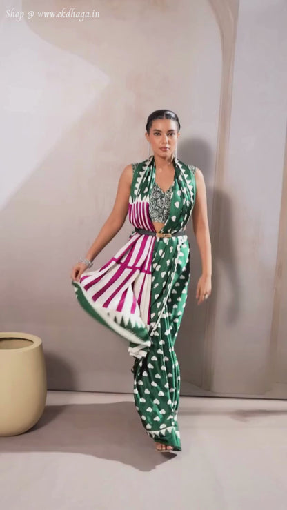 Jungle Green Printed Satin Silk Saree