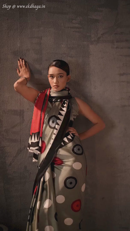 Metallic Gray Printed Satin Silk Saree