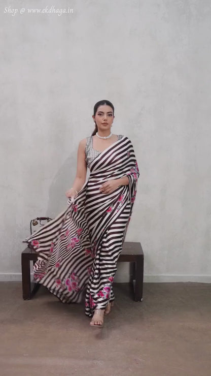 Coffee Brown Printed Satin Silk Saree