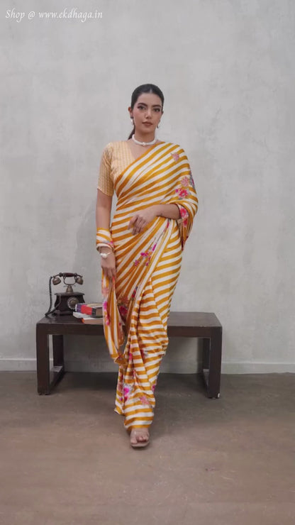 Sunglow Yellow Printed Satin Silk Saree