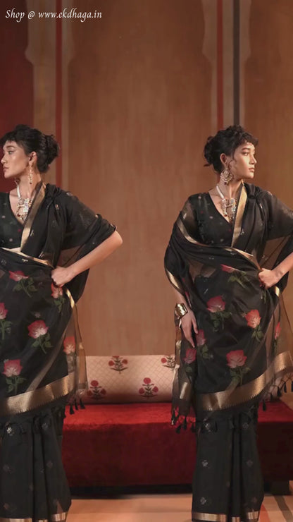 Coal Black Spun Cotton Weaving Saree