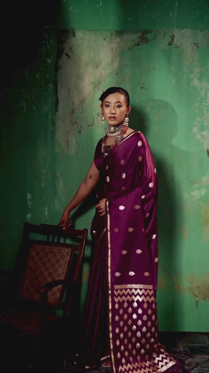 Plum Magenta Woven Banarasi Satin Silk Saree