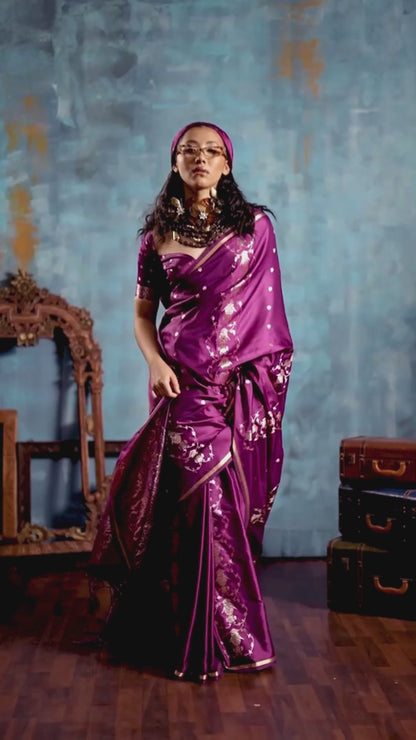 Grape Purple Banarasi Satin Silk Handloom Saree