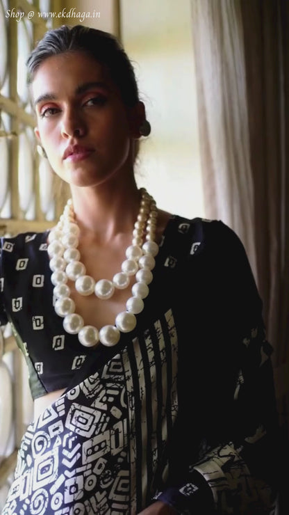 Unique Black & White Printed Satin Silk Saree