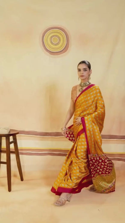 Amber Yellow Printed Satin Silk Saree