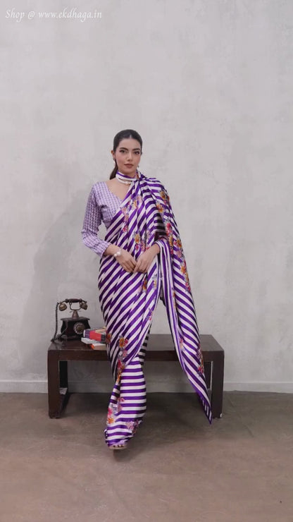 Deep Purple Printed Satin Silk Saree