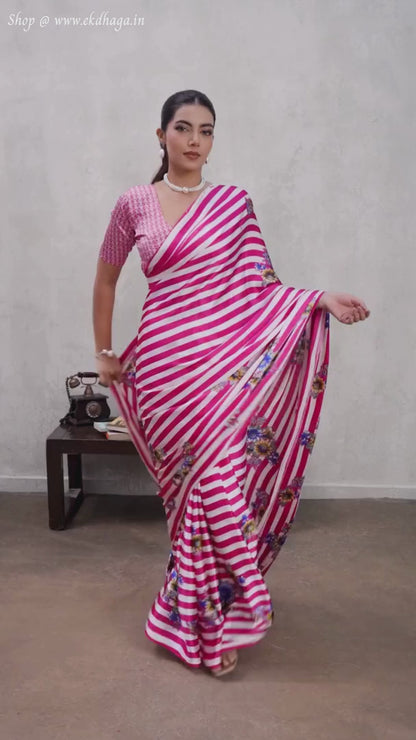 Deep Pink Printed Satin Silk Saree