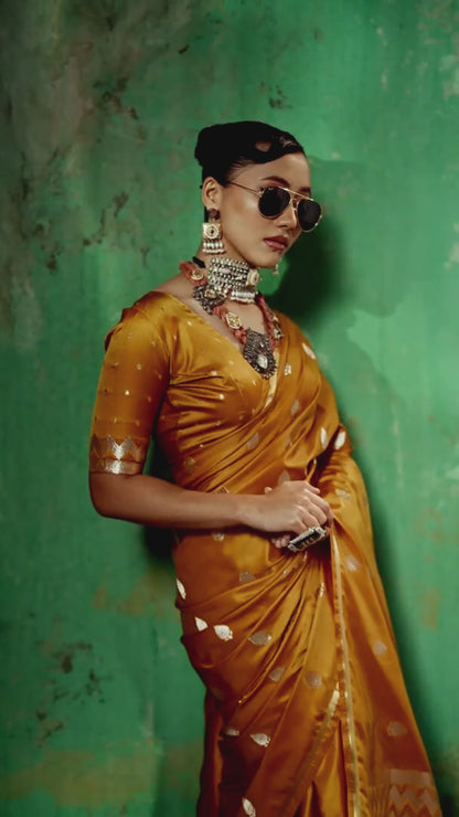 Ochre Yellow Woven Banarasi Satin Silk Saree