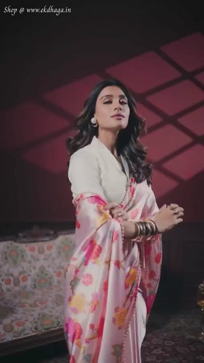 Candy Pink Printed Satin Silk Saree