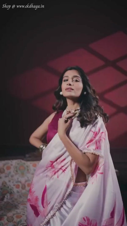 Powder Pink Printed Satin Silk Saree
