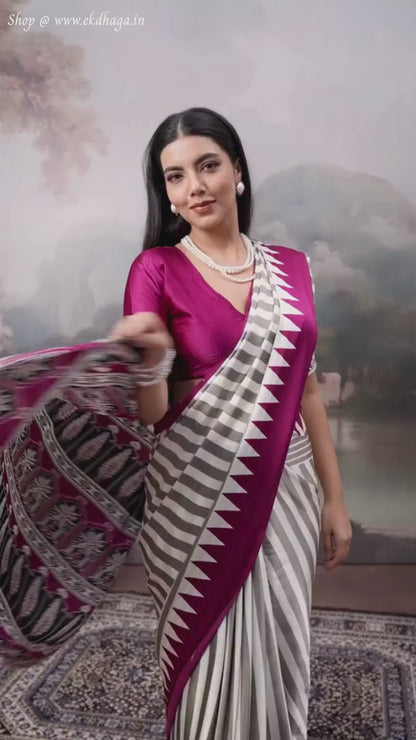 Purple & White Printed Satin Silk Saree