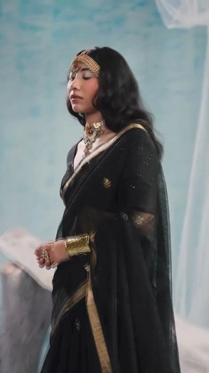 Carbon Black Munga Silk Handloom Saree