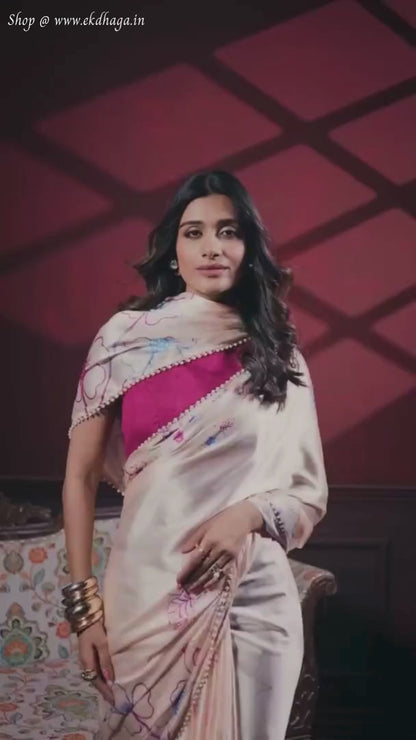 Sandy Pink Print Satin Silk Saree
