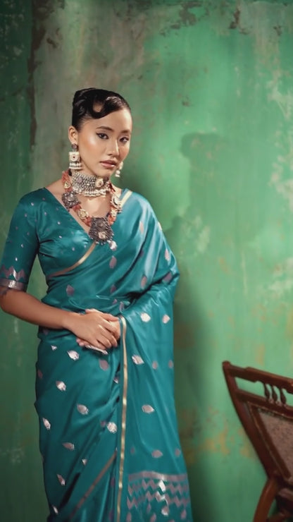 Teal Blue Woven Banarasi Satin Silk Saree