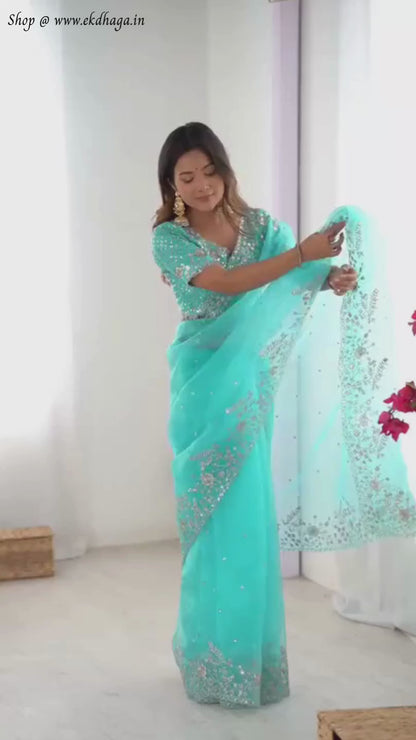 Winter Blue Embroidered Organza Silk Saree